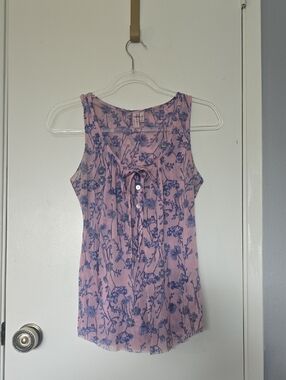 Sweet Pea Pink Tank with Blue Floral Print and Front Tie Detail
